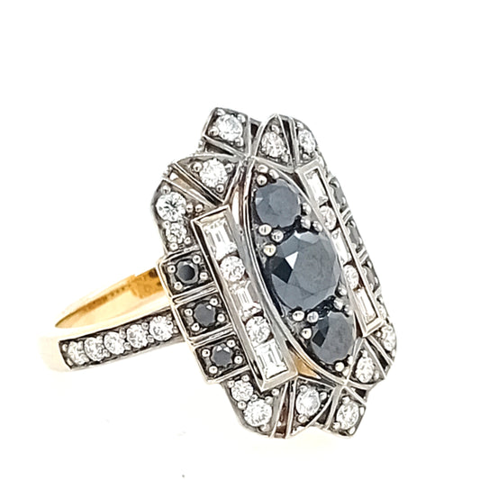 9ct Yellow Gold Black and White Diamond Vintage Ring