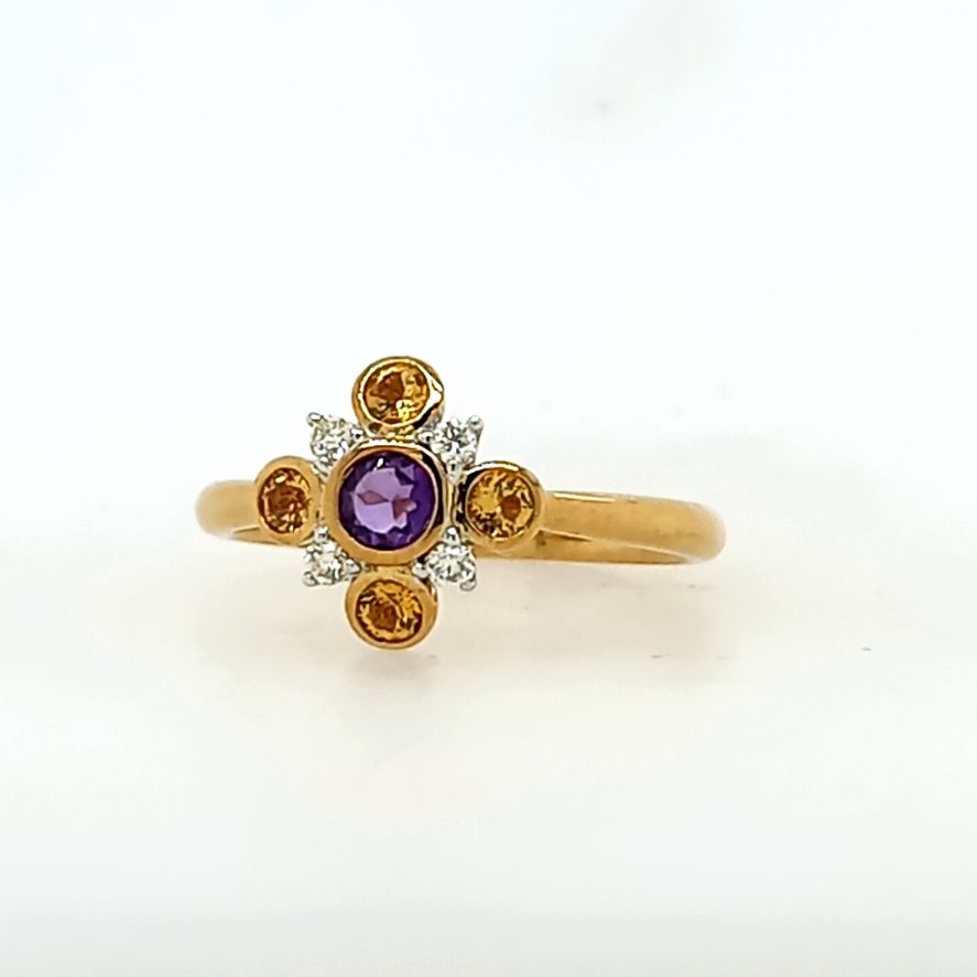 9ct yellow Gold Amethyst, Citrine and Diamond Ring