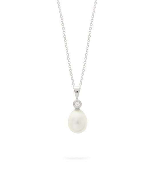 Sterling Silver 9.5mm White Fresh Water Pearl and Cubic Zirconia Necklace