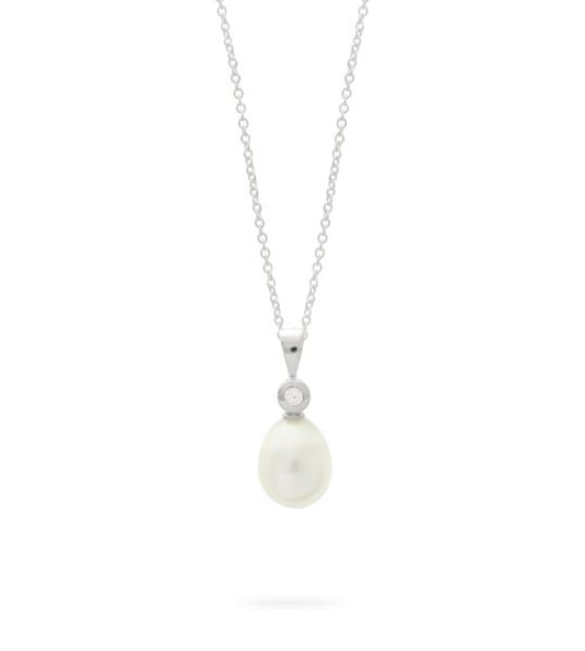 Sterling Silver 9.5mm White Fresh Water Pearl and Cubic Zirconia Necklace