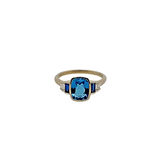 9ct Yellow Gold Blue Topaz Sapphire Diamond Ring
