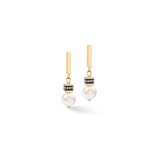 Coeur de Lion Geo Cube Shiny Crystal Pearl, Gold & White Earrings