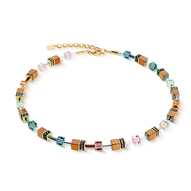 Coeur de Lion GeoCube Pale Rainbow, Bronze Metallic & Gold Necklace