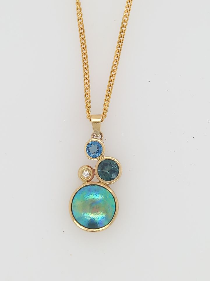 Blue Pearl, Topaz, Sapphire and Diamond Pendant Necklace