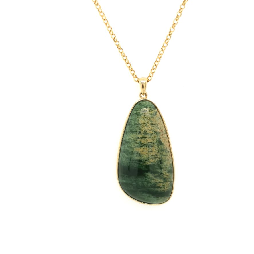 NZ Greenstone Large 14ct Flower Jade pendant and 18ct YG 50cm Half Round Belcher Chain