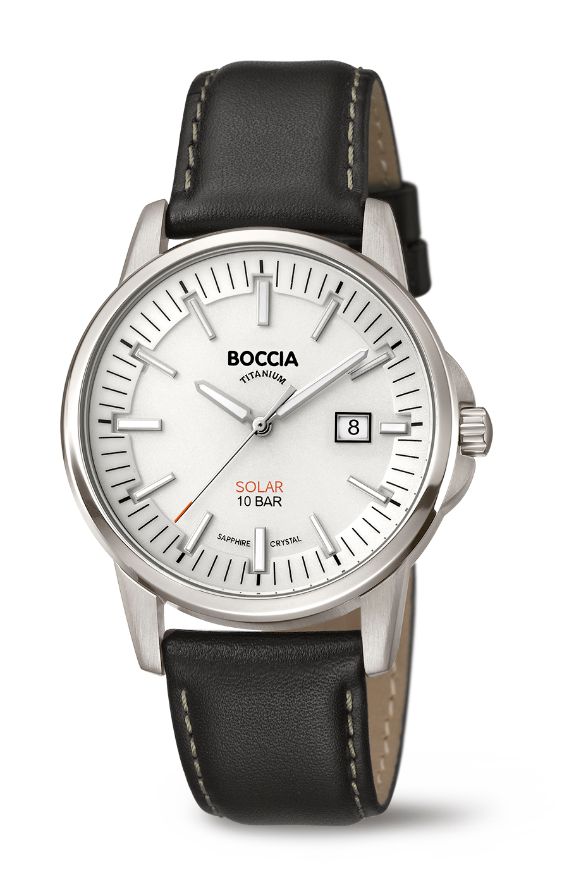 Boccia Mens Leather strap white and silver face Solar watch